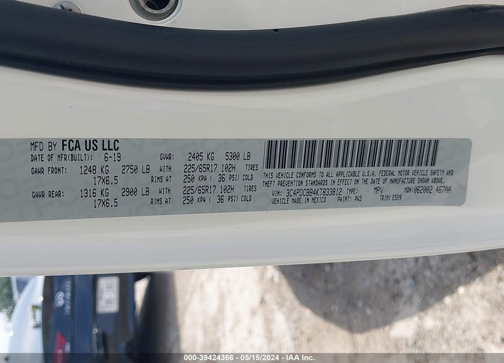 2019 DODGE JOURNEY SE VIN: 3C4PDCBB4KT833812