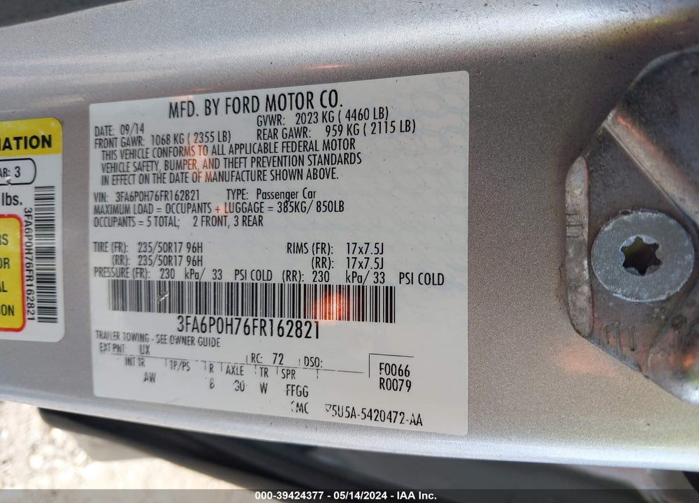 2015 FORD FUSION VIN: 3FA6P0H76FR162821
