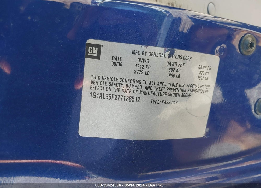 2007 CHEVROLET COBALT LT VIN: 1G1AL55F277138512