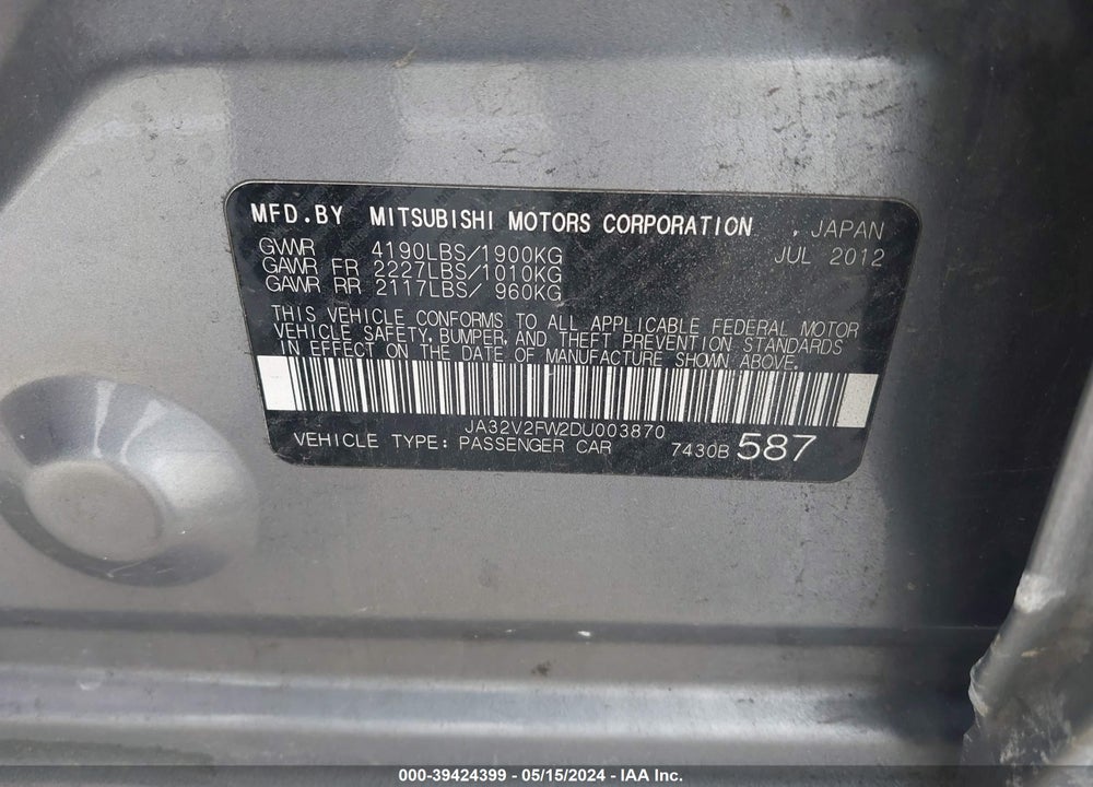 2013 MITSUBISHI LANCER VIN: JA32V2FW2DU003870