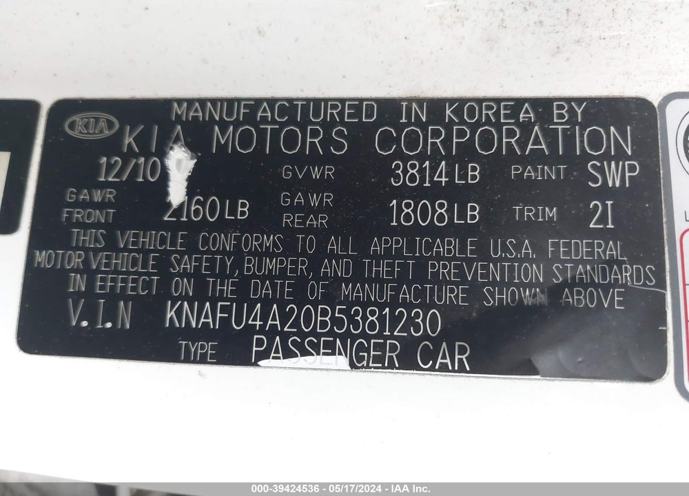 2011 KIA FORTE EX VIN: KNAFU4A20B5381230