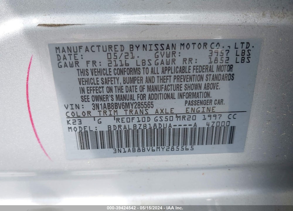 2021 NISSAN SENTRA S XTRONIC CVT VIN: 3N1AB8BV6MY285565