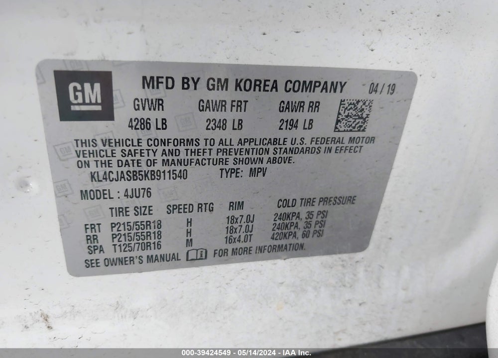 2019 BUICK ENCORE FWD PREFERRED VIN: KL4CJASB5KB911540