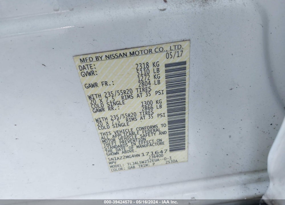 2017 NISSAN MURANO PLATINUM VIN: 5N1AZ2MG4HN171647