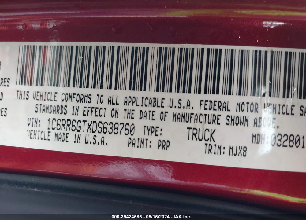 2013 RAM 1500 BIG HORN VIN: 1C6RR6GTXDS638760
