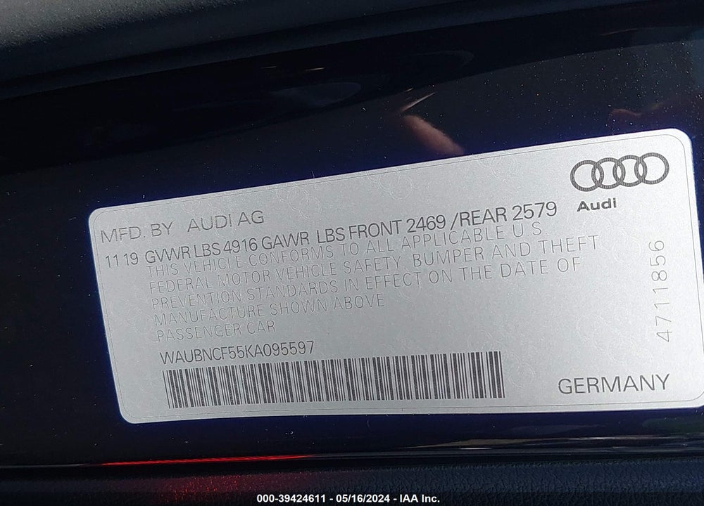 2019 AUDI A5 45 PREMIUM VIN: WAUBNCF55KA095597