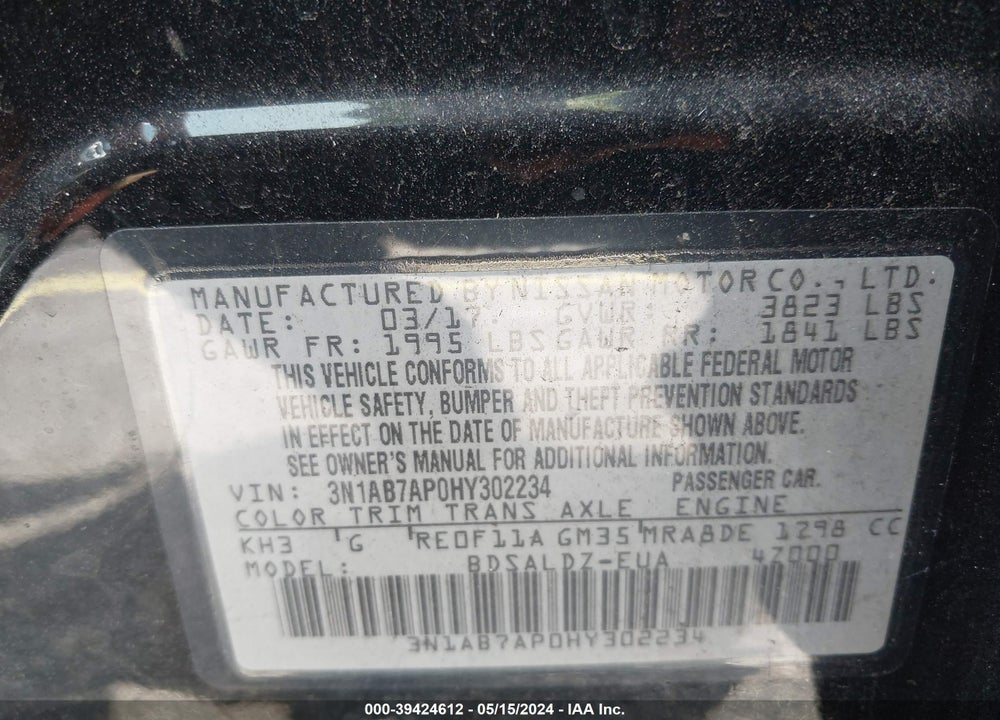 2017 NISSAN SENTRA SV VIN: 3N1AB7AP0HY302234