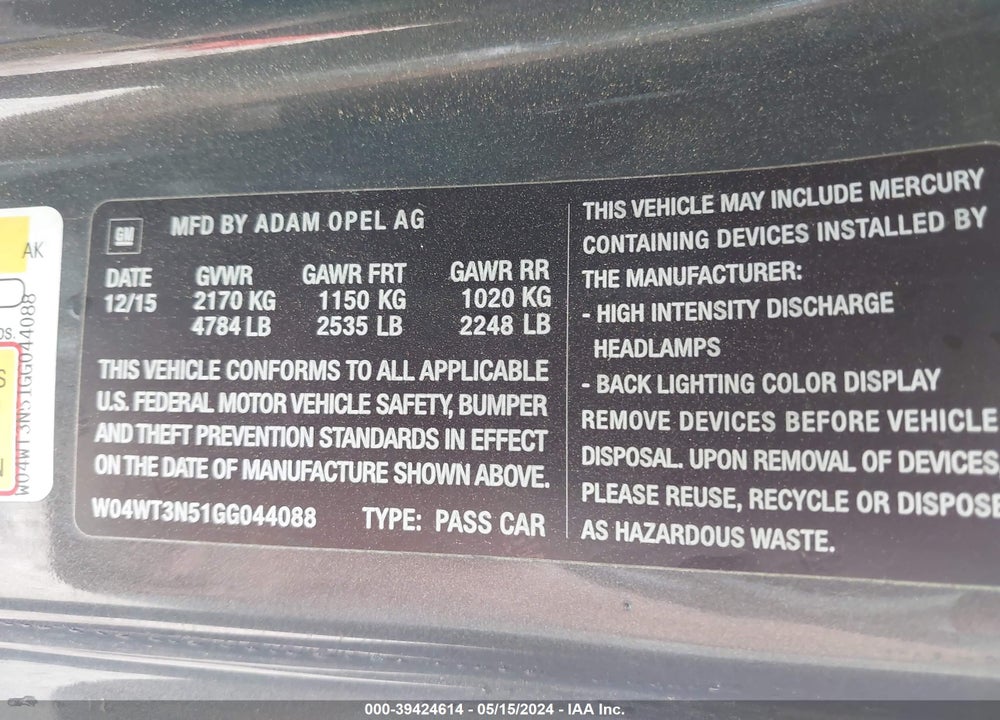 2016 BUICK CASCADA PREMIUM VIN: W04WT3N51GG044088