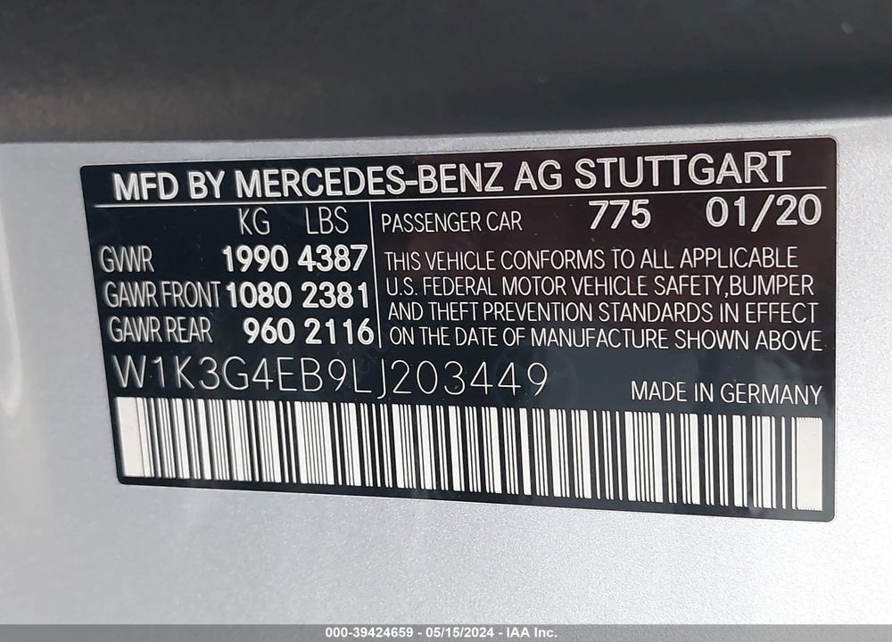 2020 MERCEDES-BENZ A 220 VIN: W1K3G4EB9LJ203449