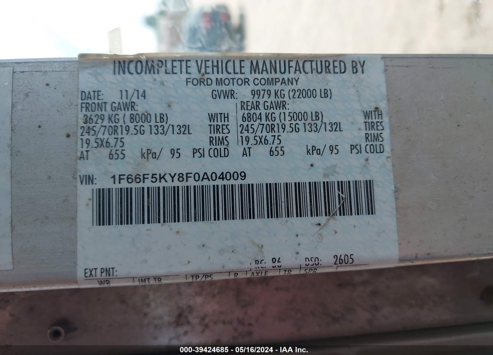 2015 FORD F-59 COMMERCIAL STRIPPED VIN: 1F66F5KY8F0A04009
