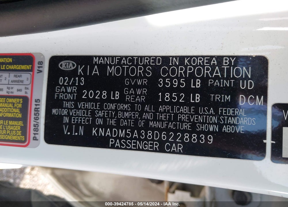 2013 KIA RIO LX VIN: KNADM5A38D6228839