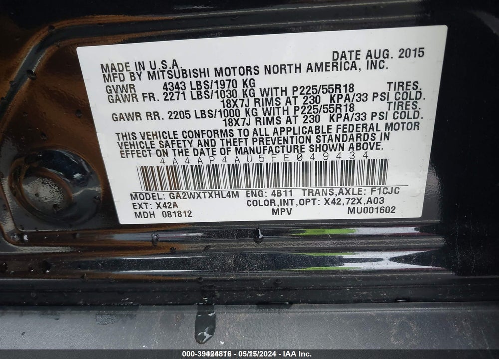 2015 MITSUBISHI OUTLANDER SPORT SE VIN: 4A4AP4AU5FE049434