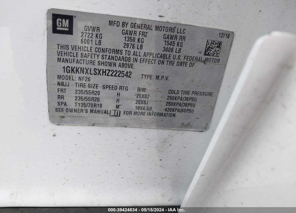 2017 GMC ACADIA DENALI VIN: 1GKKNXLSXHZ222542
