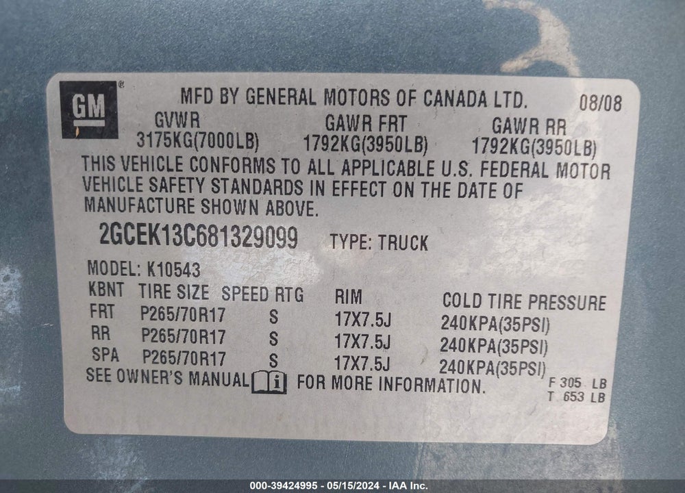 2008 CHEVROLET SILVERADO 1500 LS VIN: 2GCEK13C681329099