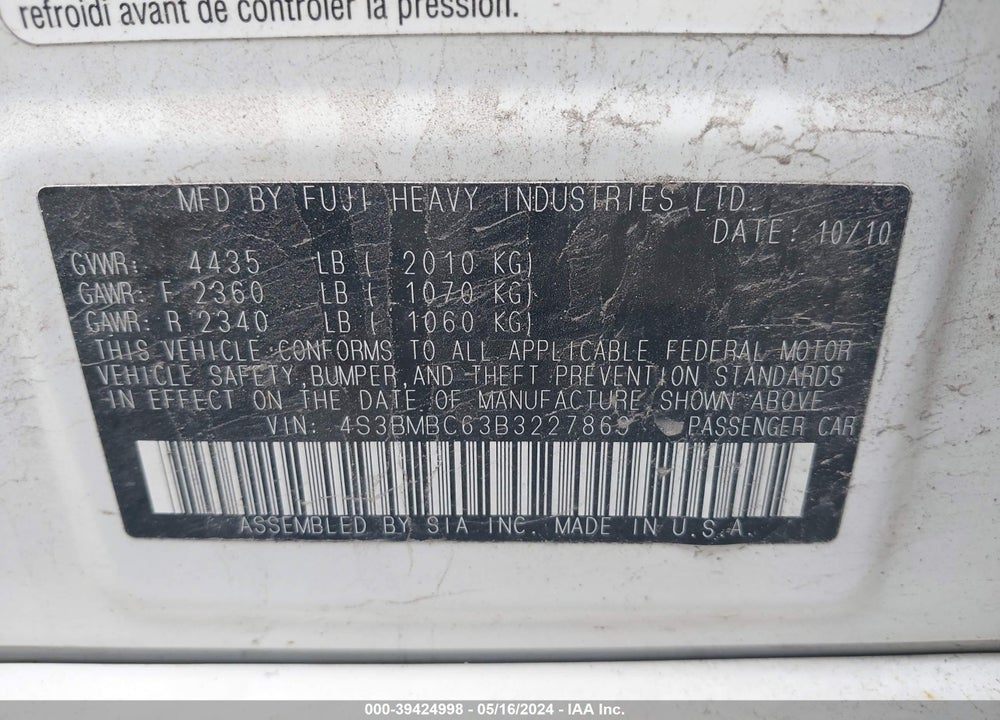 2011 SUBARU LEGACY 2.5I PREMIUM VIN: 4S3BMBC63B3227869