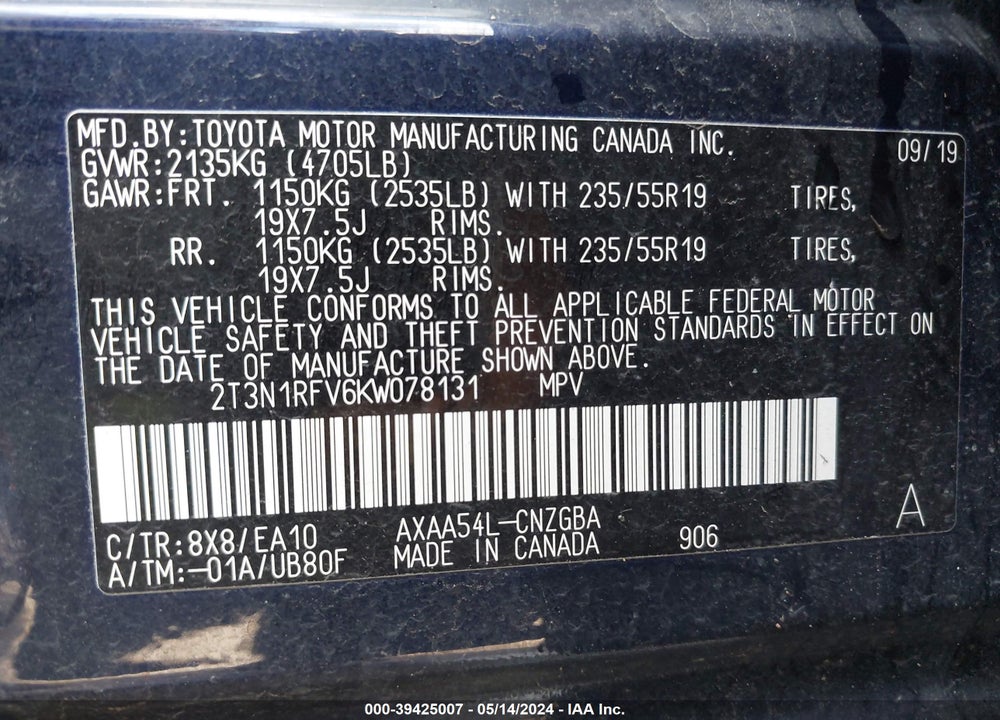 2019 TOYOTA RAV4 LIMITED VIN: 2T3N1RFV6KW078131