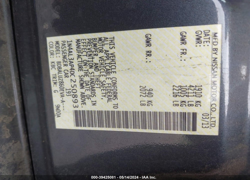 2013 NISSAN ALTIMA VIN: 1N4AL3AP4DC250893