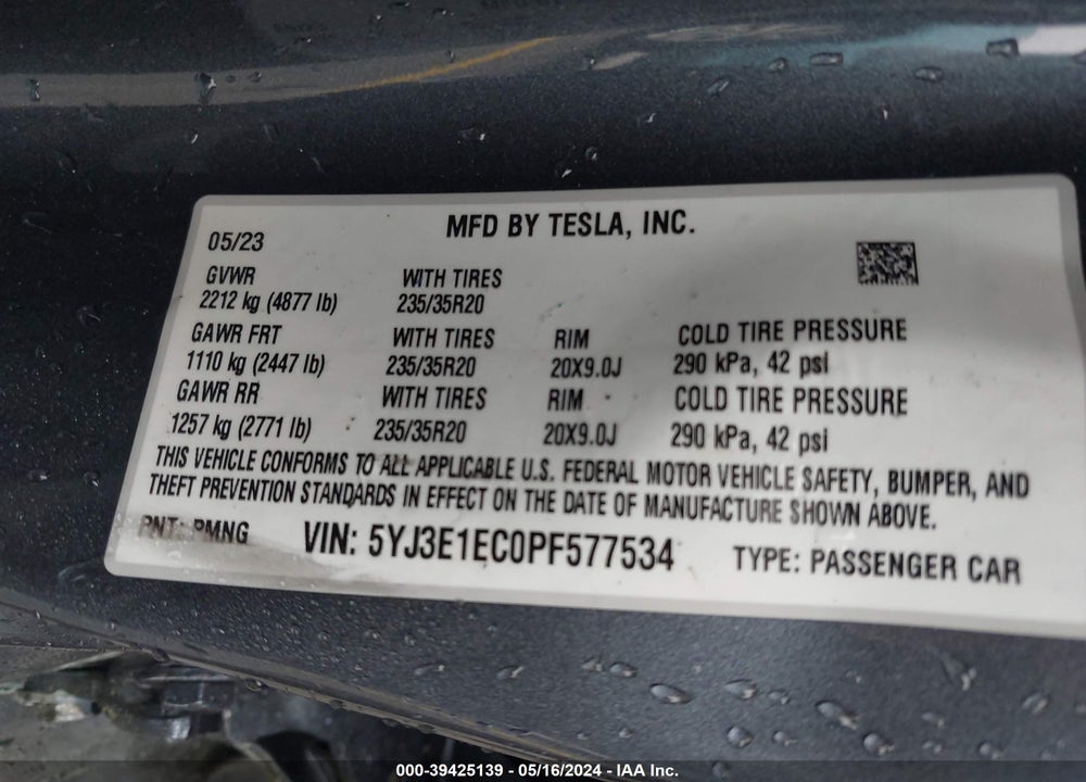 2023 TESLA MODEL 3 PERFORMANCE DUAL MOTOR ALL-WHEEL DRIVE VIN: 5YJ3E1EC0PF577534