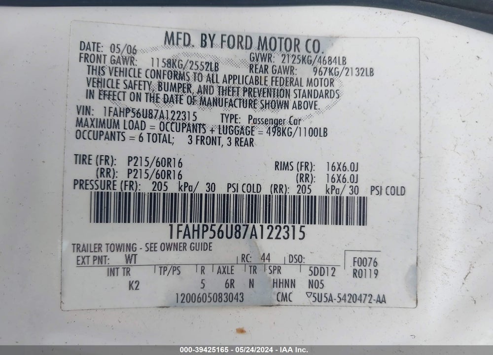 2007 FORD TAURUS SEL VIN: 1FAHP56U87A122315