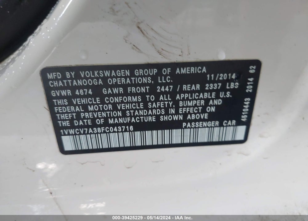 2015 VOLKSWAGEN PASSAT 2.0L TDI SEL PREMIUM VIN: 1VWCV7A38FC043716