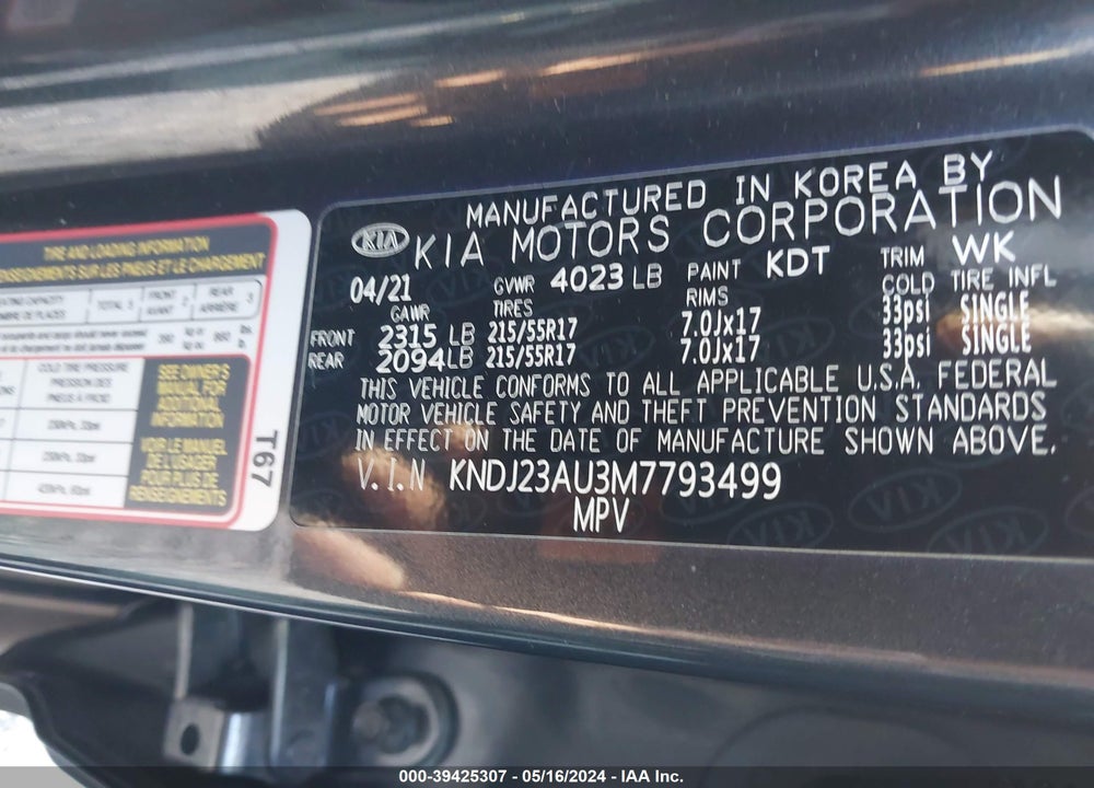 2021 KIA SOUL !/+/S VIN: KNDJ23AU3M7793499