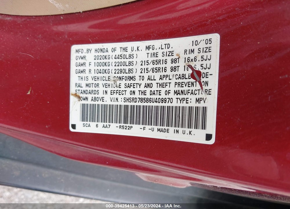 2006 HONDA CR-V LX VIN: SHSRD78586U409970