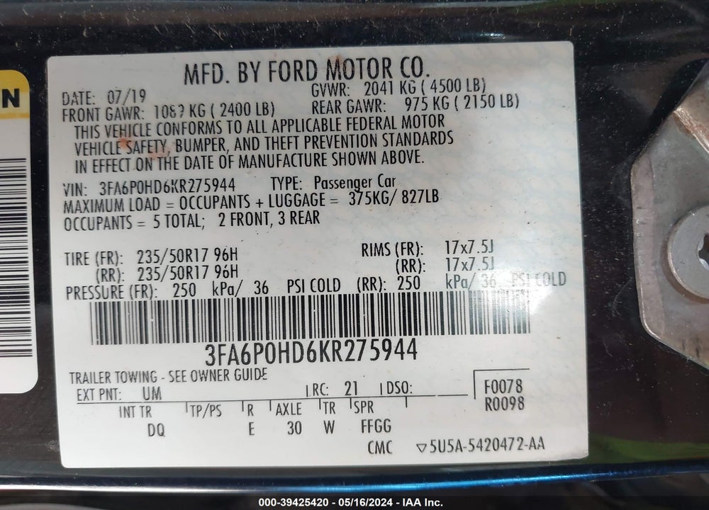 2019 FORD FUSION SE VIN: 3FA6P0HD6KR275944