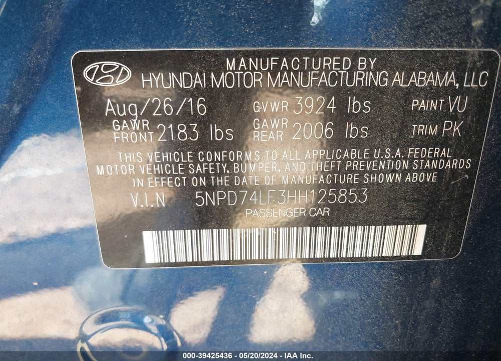 2017 HYUNDAI ELANTRA SE VIN: 5NPD74LF3HH125853