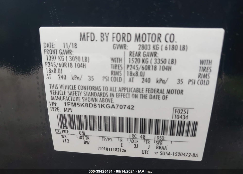 2019 FORD EXPLORER XLT VIN: 1FM5K8D81KGA70742
