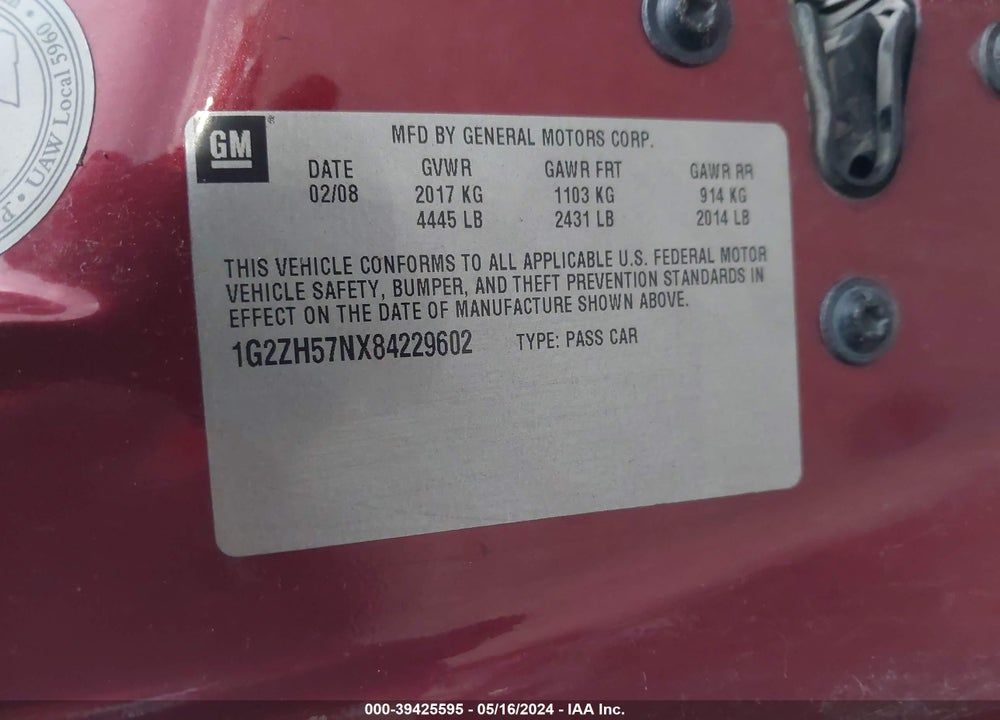 2008 PONTIAC G6 VIN: 1G2ZH57NX84229602