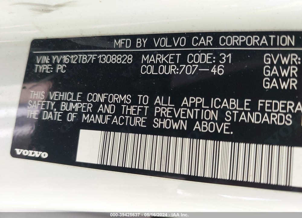 2015 VOLVO S60 T5 PREMIER VIN: YV1612TB7F1308828