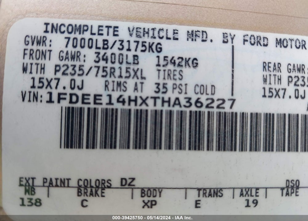 1996 FORD ECONOLINE E150 VAN VIN: 1FDEE14HXTHA36227