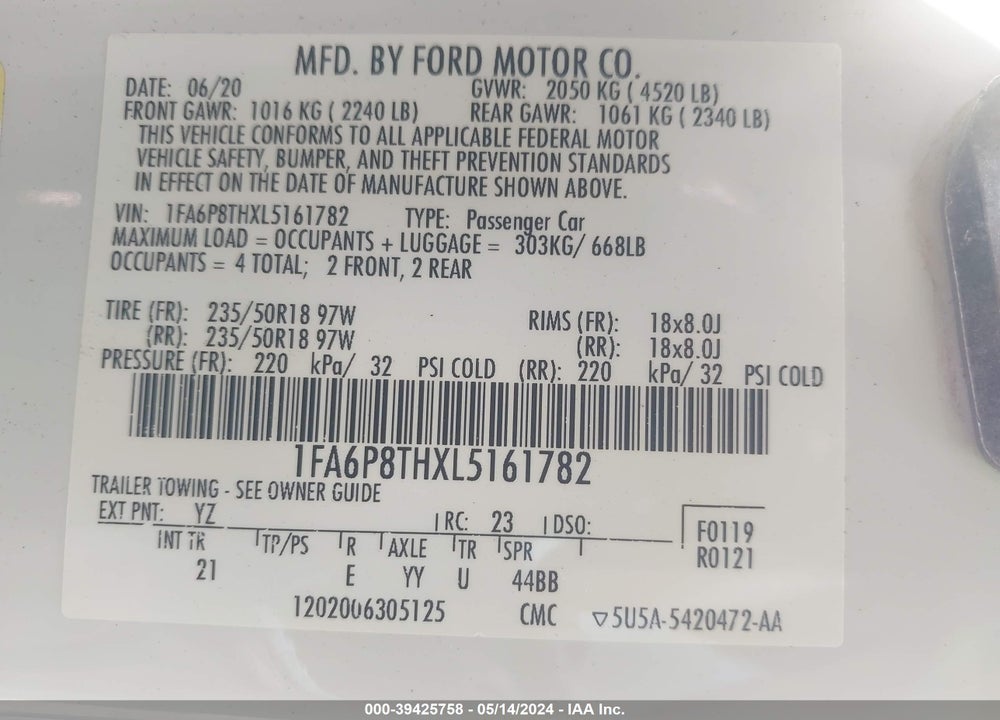 2020 FORD MUSTANG VIN: 1FA6P8THXL5161782