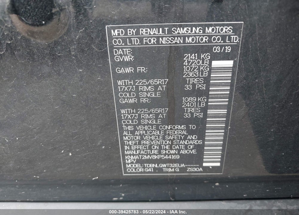 2019 NISSAN ROGUE SV VIN: KNMAT2MV8KP544169