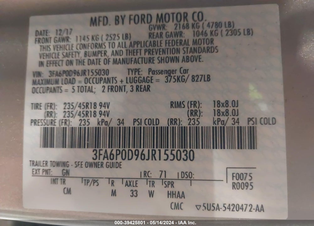 2018 FORD FUSION TITANIUM VIN: 3FA6P0D96JR155030