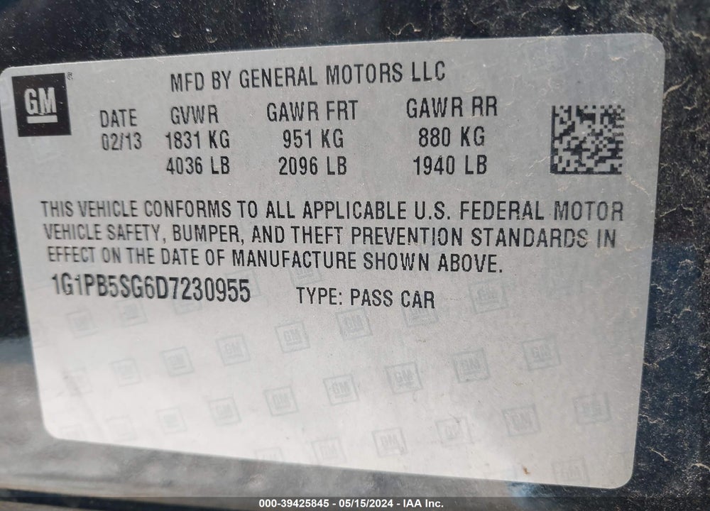 2013 CHEVROLET CRUZE LS MANUAL VIN: 1G1PB5SG6D7230955