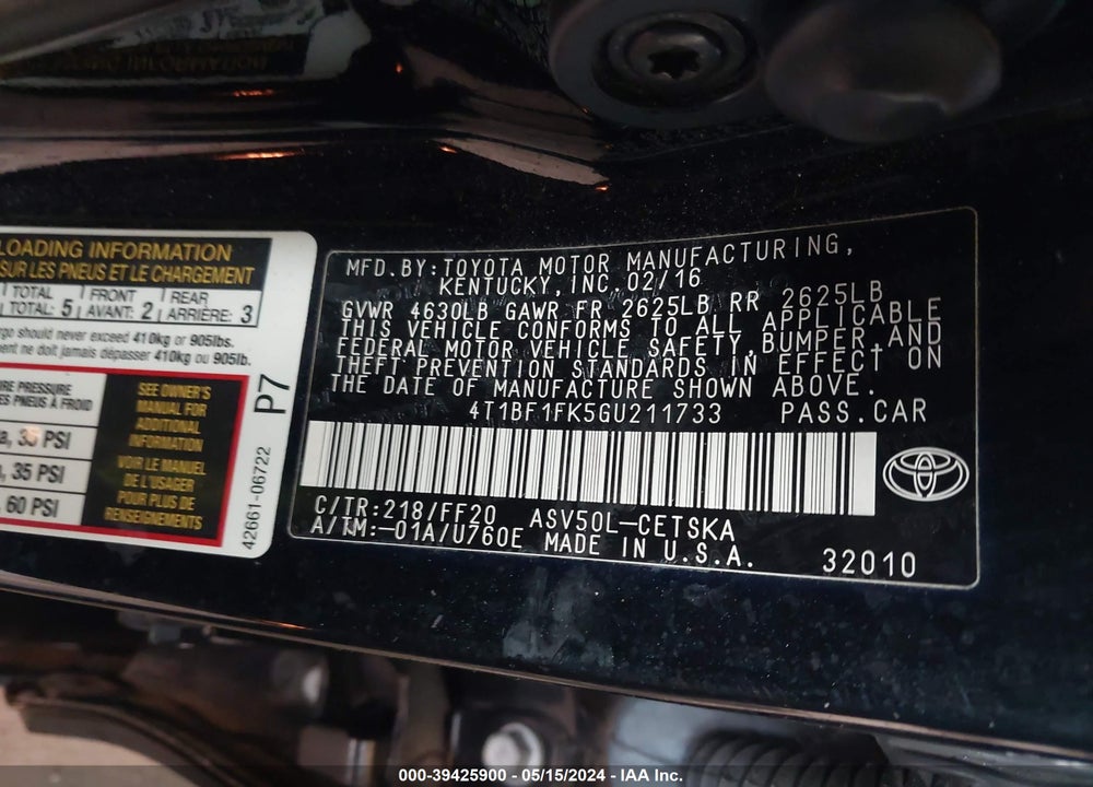 2016 TOYOTA CAMRY SE VIN: 4T1BF1FK5GU211733