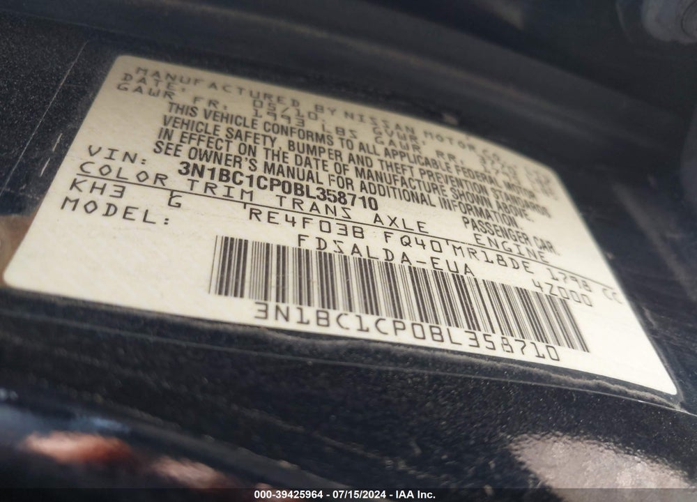 2011 NISSAN VERSA 1.8S VIN: 3N1BC1CP0BL358710