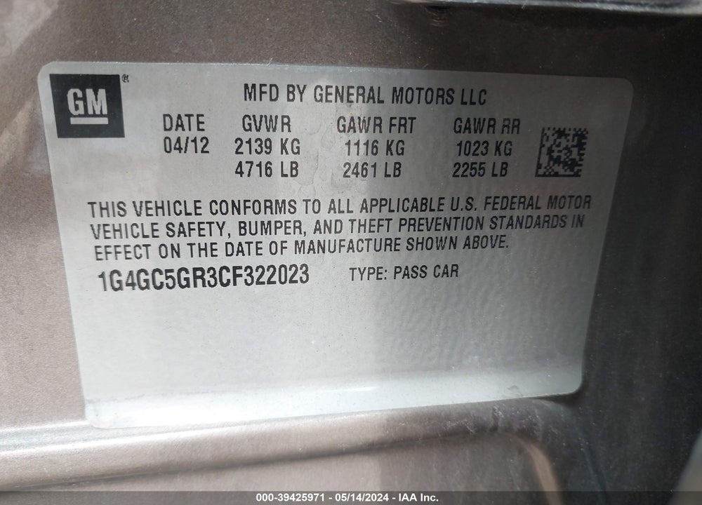 2012 BUICK LACROSSE LEATHER GROUP VIN: 1G4GC5GR3CF322023
