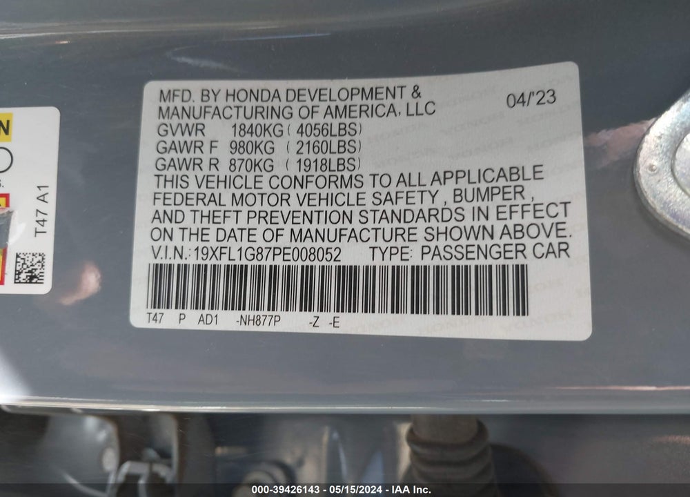 2023 HONDA CIVIC SPORT TOURING VIN: 19XFL1G87PE008052