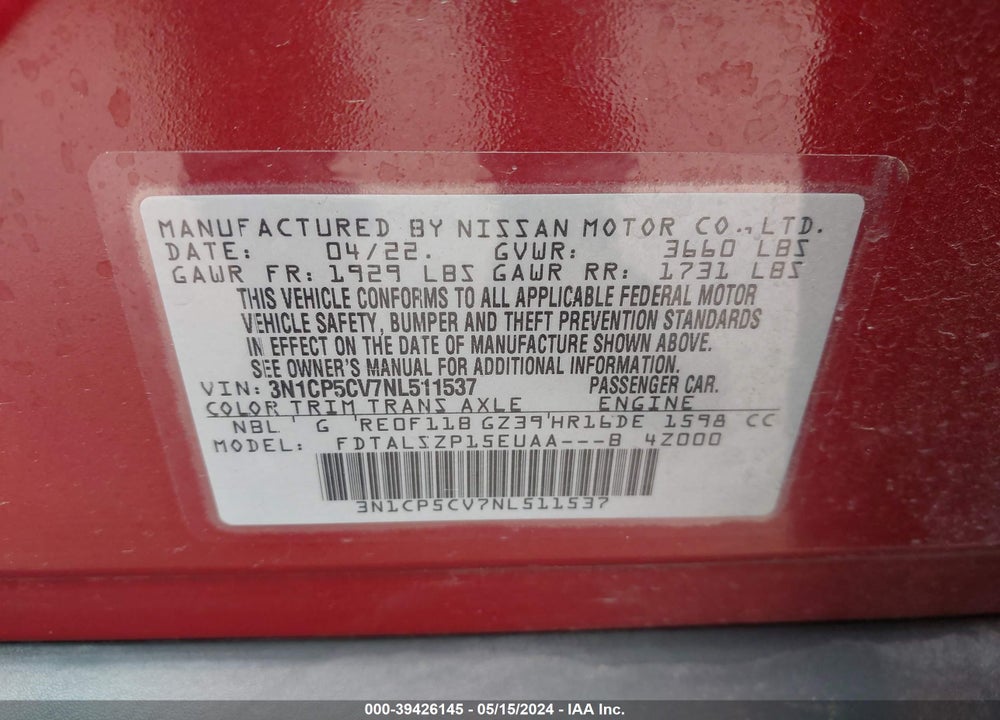 2022 NISSAN KICKS SV XTRONIC CVT VIN: 3N1CP5CV7NL511537