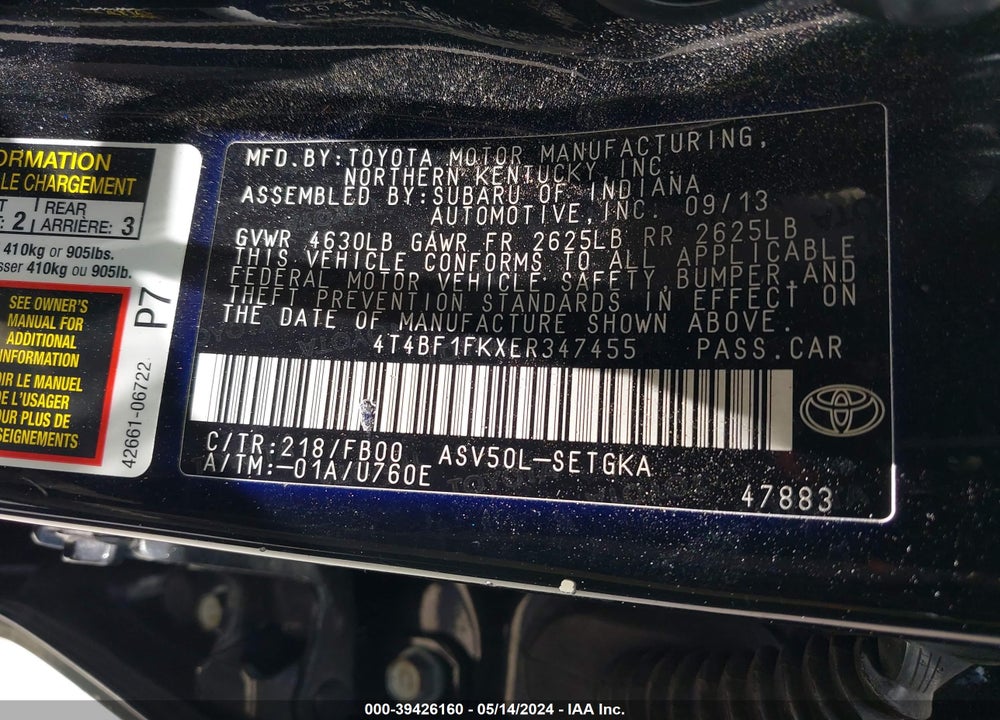 2014 TOYOTA CAMRY XLE VIN: 4T4BF1FKXER347455