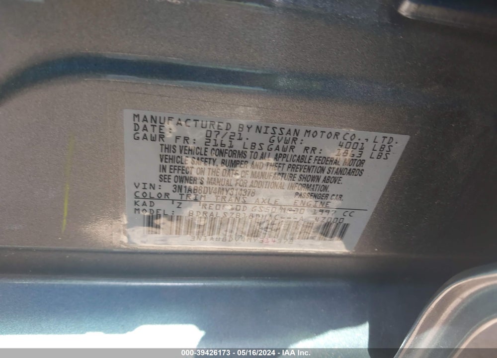 2021 NISSAN SENTRA SR XTRONIC CVT VIN: 3N1AB8DV4MY314378