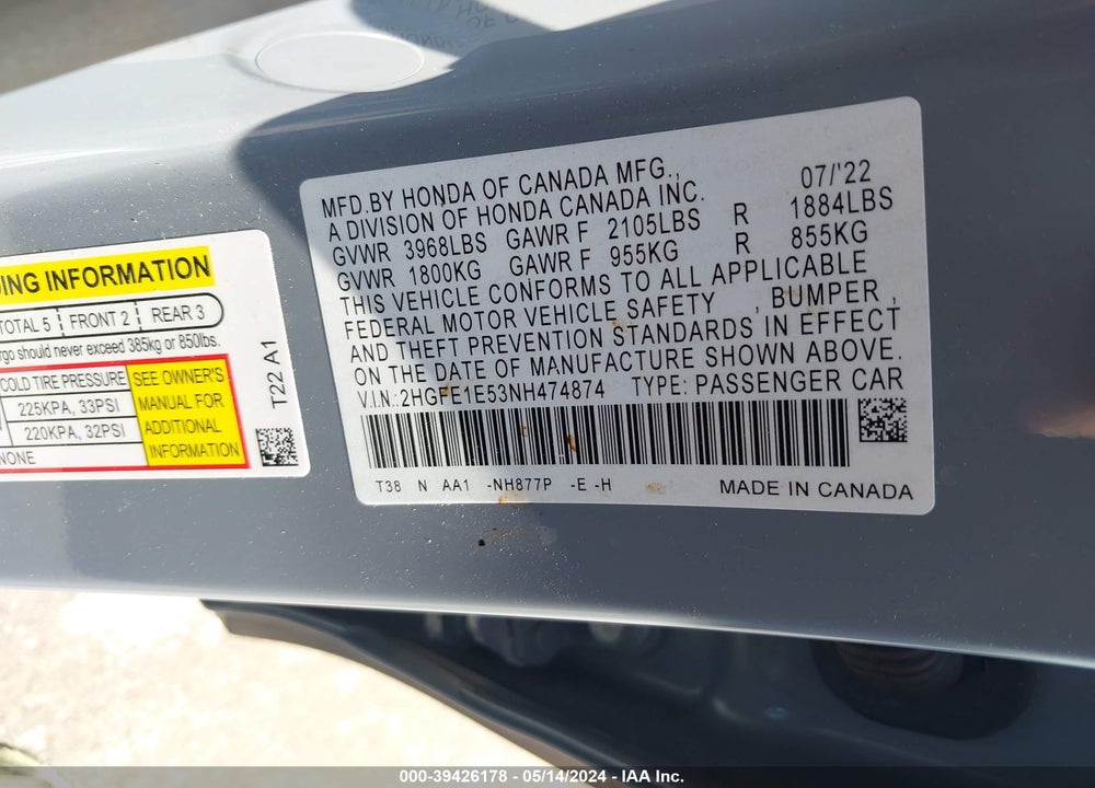 2022 HONDA CIVIC SI SEDAN VIN: 2HGFE1E53NH474874