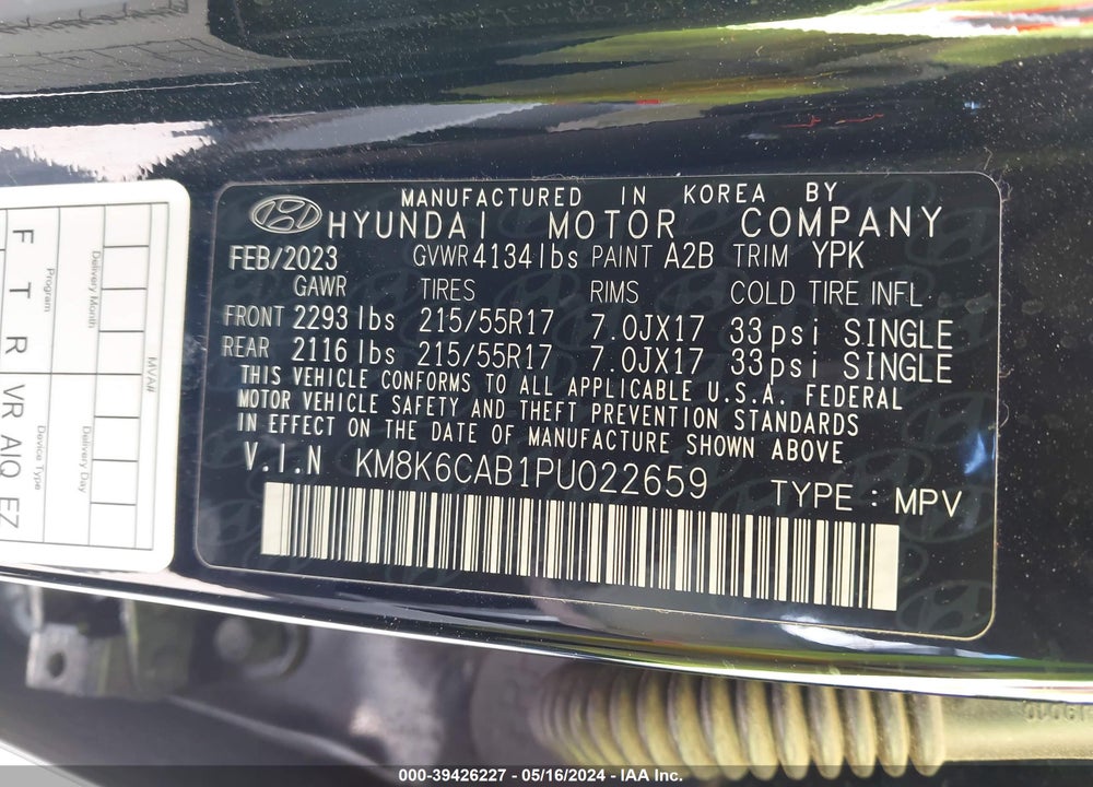 2023 HYUNDAI KONA SEL VIN: KM8K6CAB1PU022659