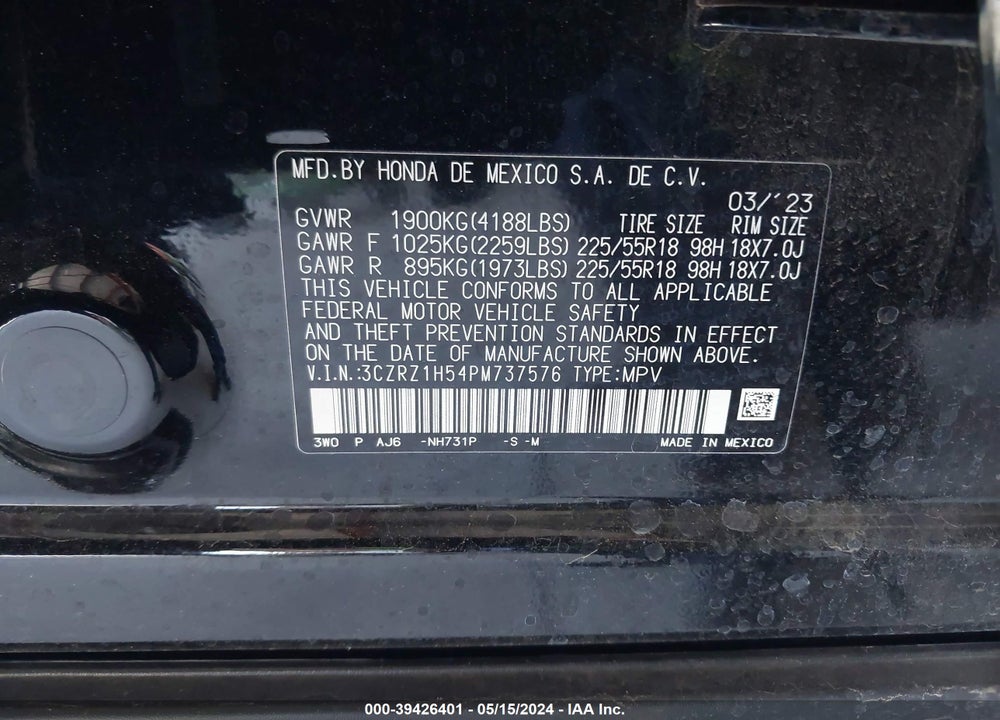 2023 HONDA HR-V 2WD SPORT VIN: 3CZRZ1H54PM737576
