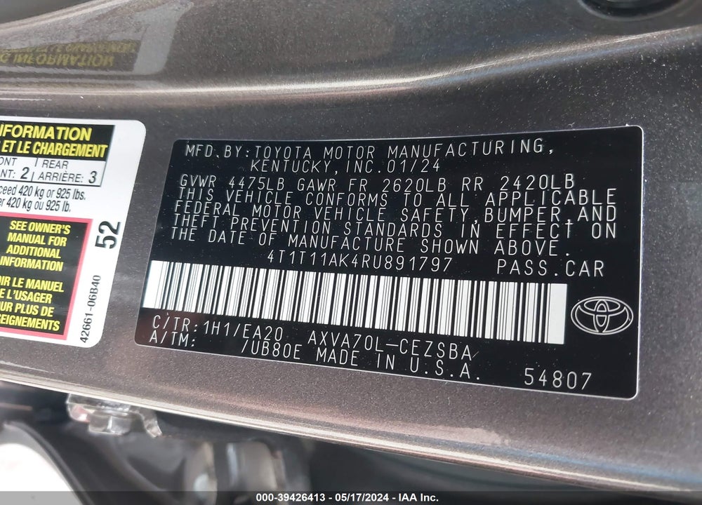 2024 TOYOTA CAMRY SE VIN: 4T1T11AK4RU891797