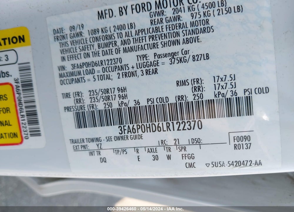 2020 FORD FUSION SE VIN: 3FA6P0HD6LR122370