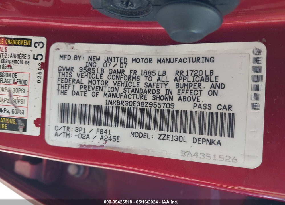 2008 TOYOTA COROLLA LE VIN: 1NXBR30E38Z955709