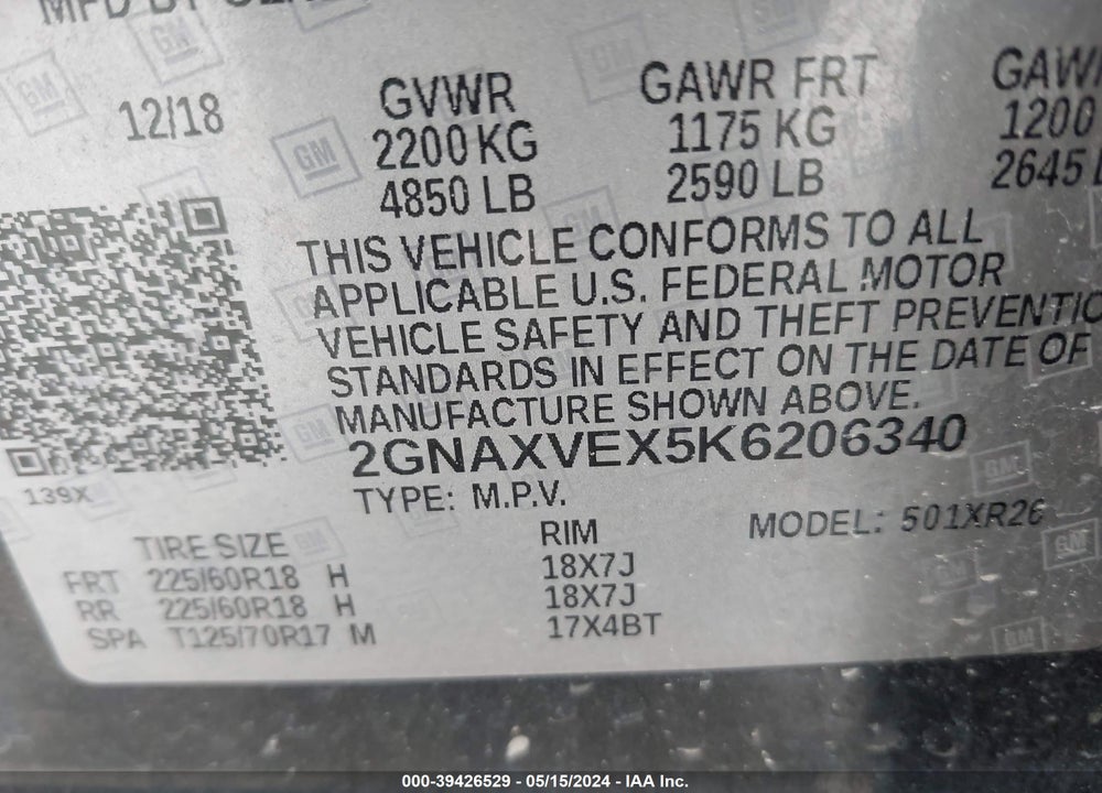 2019 CHEVROLET EQUINOX LT VIN: 2GNAXVEX5K6206340
